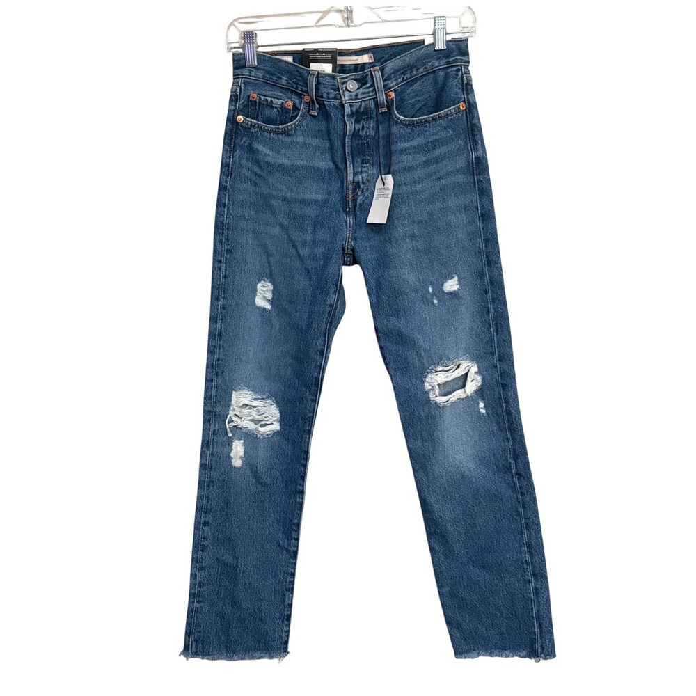 NWT Levi's Wedgie Straight Leg Jeans in Medium Wash Blue Distressed Size 25